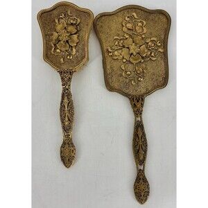 Antique Apollo Studios Attributed Gilt Filigree Vanity Mirror Brush Set Birds